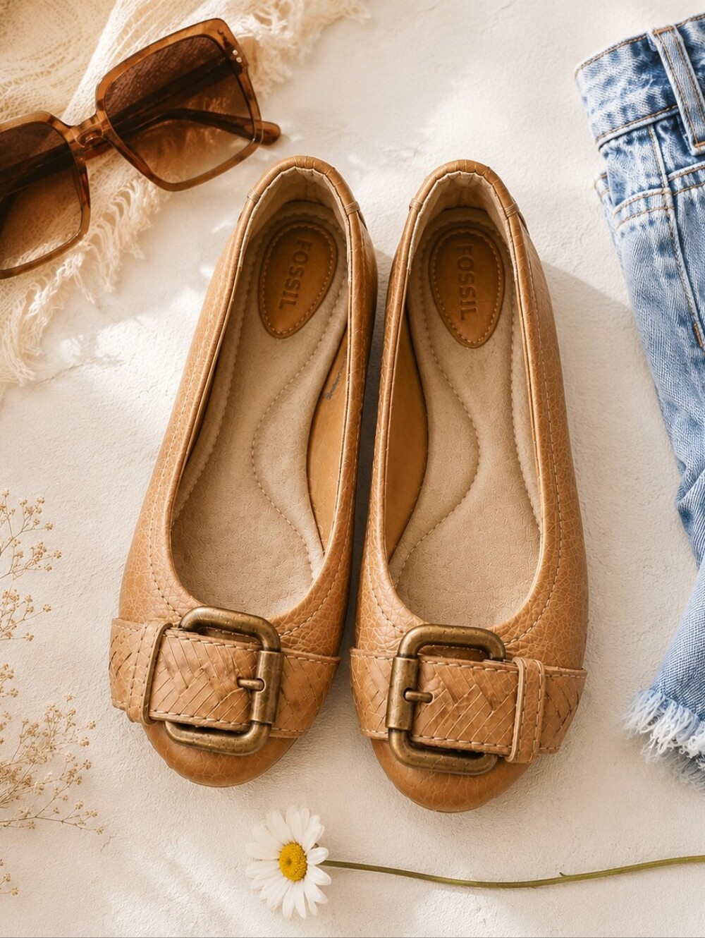Fossil Tan Leather Buckle Ballet Flats Size 7